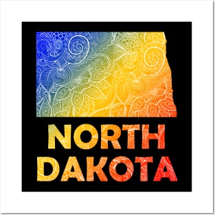 Colorful mandala art map of North Dakota with text in blue, yellow, and red Posters and Art